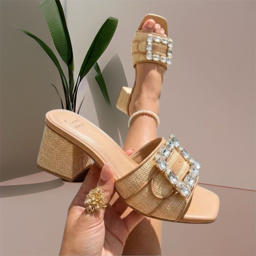 Women's Kathleen Raffia Buckle Block Heels - A New Day Beige Size 6 NWB